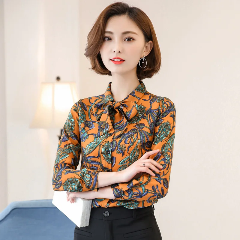 Della molla Nuove Donne Della Camicia di Usura Femminile Maniche Lunghe Stampa Della Cinghia di Bowknot Chiffon Camicetta Top Ufficio di Modo Delle Signore Abiti Da Lavoro h9026