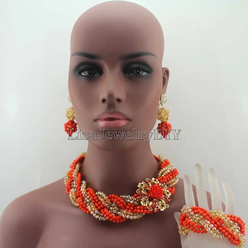 

Beautiful earringsOrange Costume African Beads Jewelry Set Nigerian Crystal Beads Jewelry Set Free Shipping HD7786