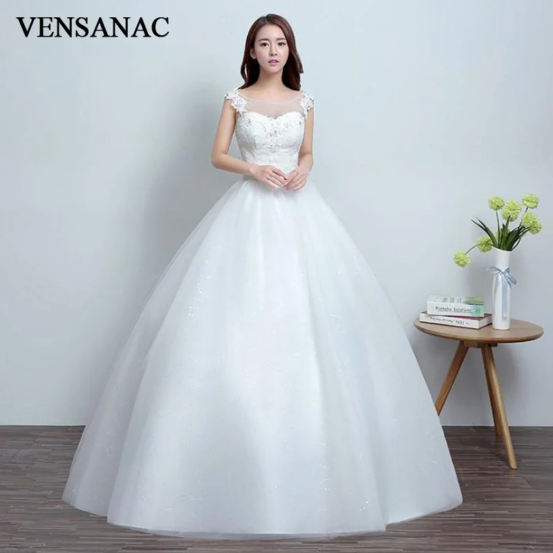 

VENSANAC 2018 Beading Illusion O Neck Lace Appliques Ball Gown Wedding Dresses Crystal Sequined Backless Bridal Gowns