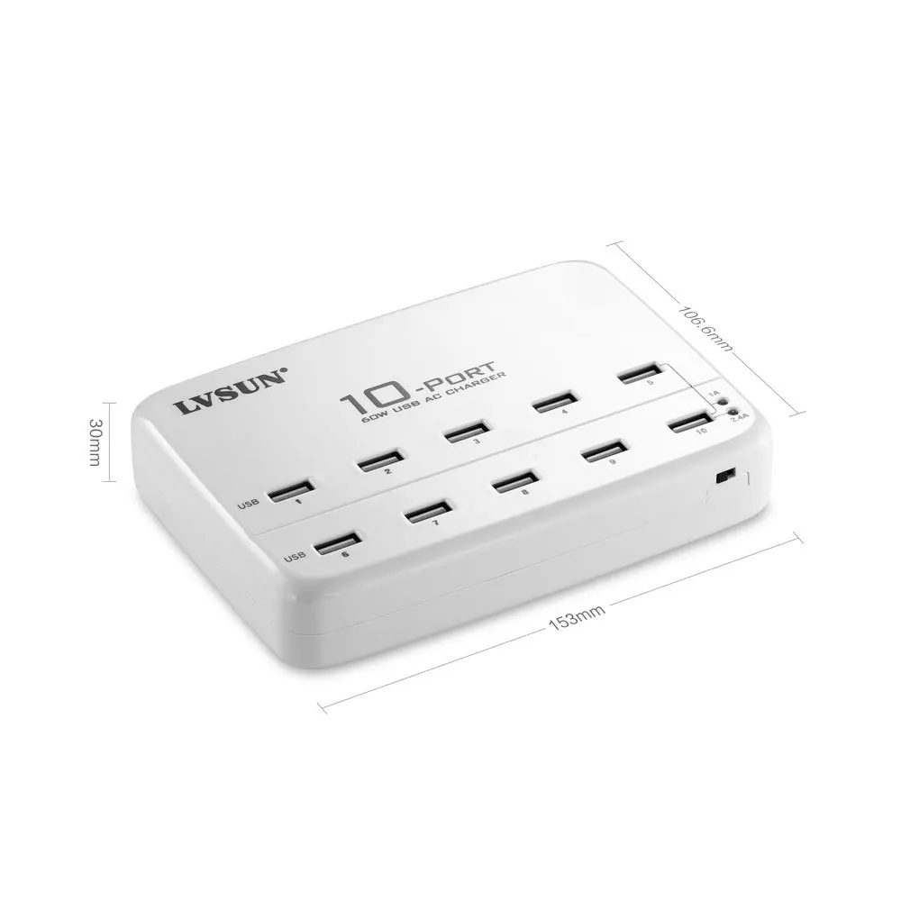 LVSUN Quick Charge 2.0 10 Ports Support for iPhone 12 11 Samsung Galaxy Xiaomi 12 Pro 11 Notebook Redmi 9C Huawei Matebook/p50