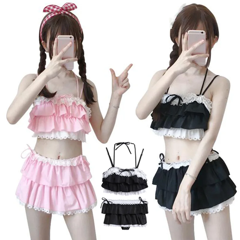 New Arrival Woman Lolita Bikini Cosplay Pink And Black Color Swimsuit Hollowed Multilayer Hem Biquini Women Swimsuit Free Delive