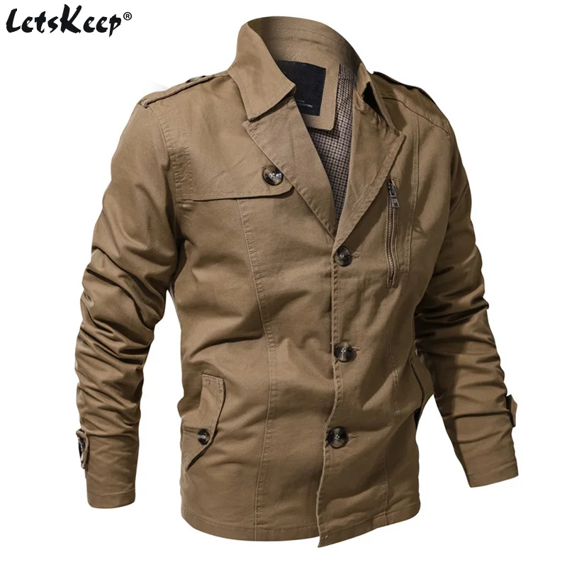 

LetsKeep Mens Autumn Bomber Jacket Men Cotton Military Jackets Coat Mens Khaki windbreaker jackets suit collar, MA499