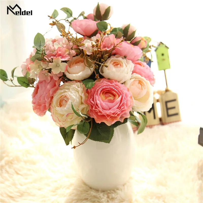 Meldel Wedding Bouquet เจ้าสาว Bridesmaids ช่อแชมเปญแต่งงานผ้าไหมประดิษฐ์ Rose Home Decor อุปกรณ์จัดงานแต่งงาน