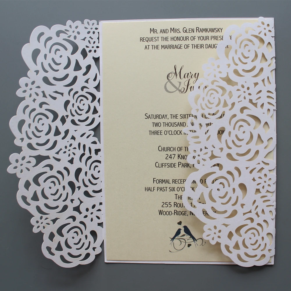 Laser Cut Rose Wedding Invitation, White Invitations With Customized Wording - Set of 50 pcs