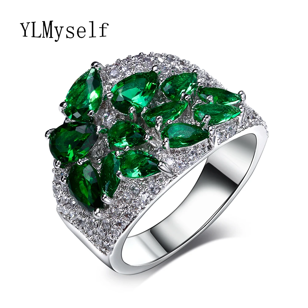 Promotion Female Ring pave Green and Red water drop colorful cubic zirconia stones Crystal fashion jewelry anillos ladies rings