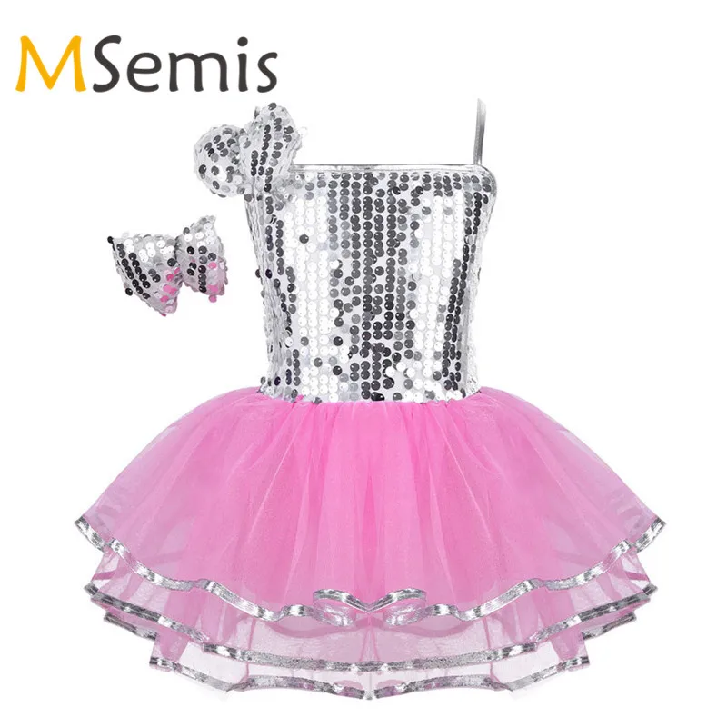 Kids Girls Jazz Dresses for Girls Contemporary Costume Sequins Mesh Ballet Dress with Hairclip Set for Modern Stage Performence