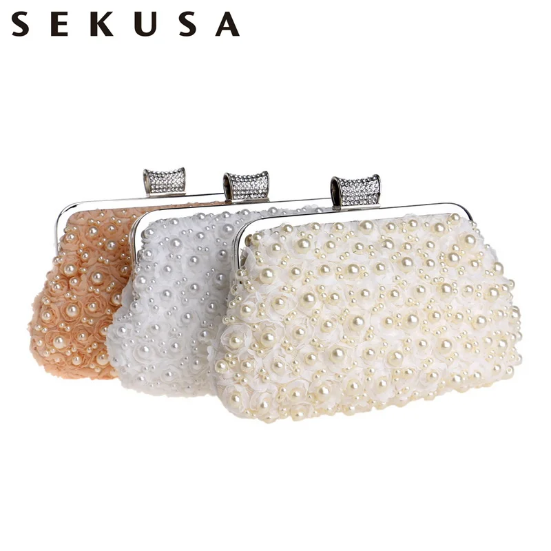 

SEKUSA Evening Bags Women Clutch Bags Evening Clutch Bags Wedding Bridal Handbag Pearl Beaded Lace Rose Fashion Rhinestone Bags