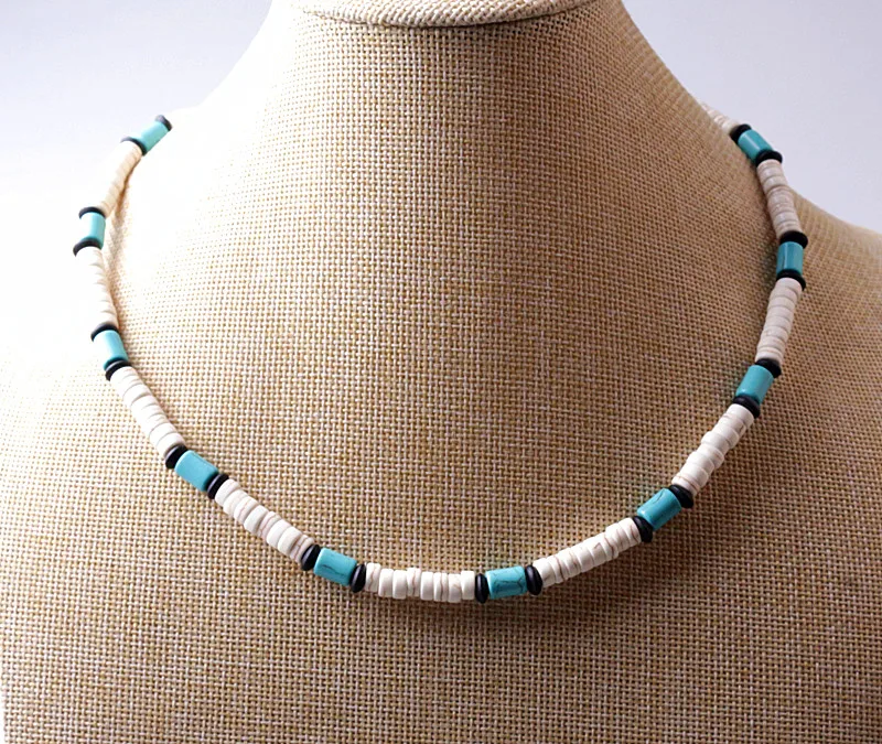 Stone Bead Surfer Necklace Made from white, Black and Blue Beads for men tribal jewelry