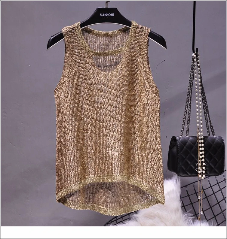 Cakucool Bling knitted Tank Top camis summer Women Sequins Shiny Lurex Hollow Out Sleeveless Shirt Sexy clothes female 5 colors