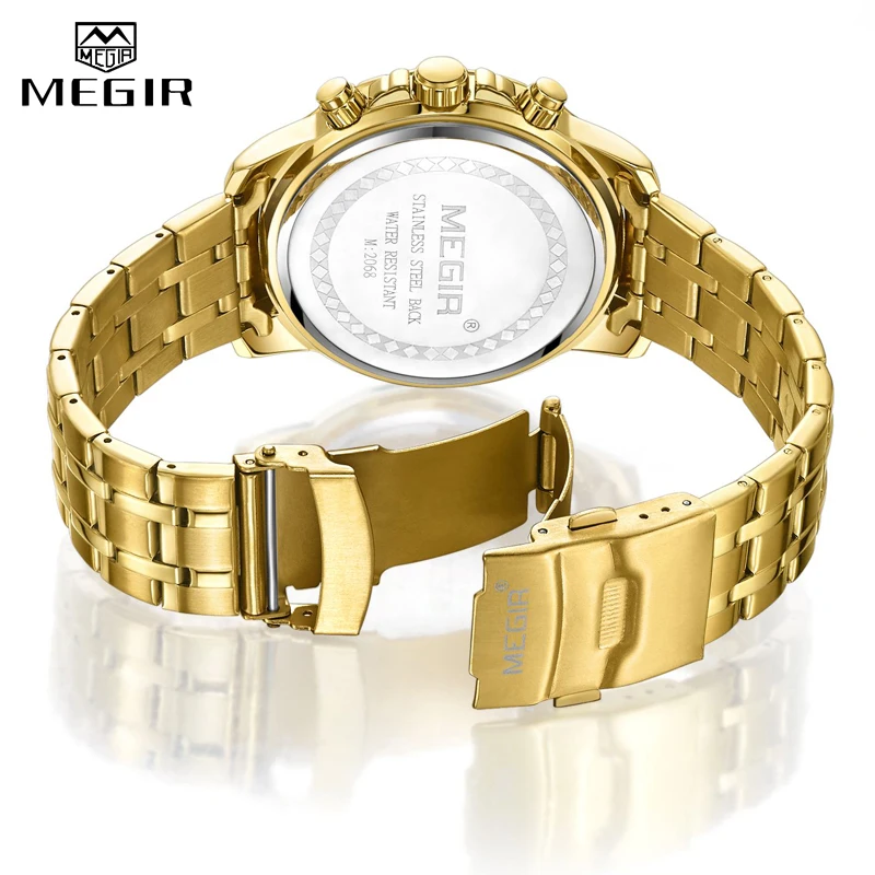 2024 New Men Watch MEGIR Luxury Gold Business Chronograph Sport Mens Watches Full Steel Military Quartz Wristwatches Clock Men