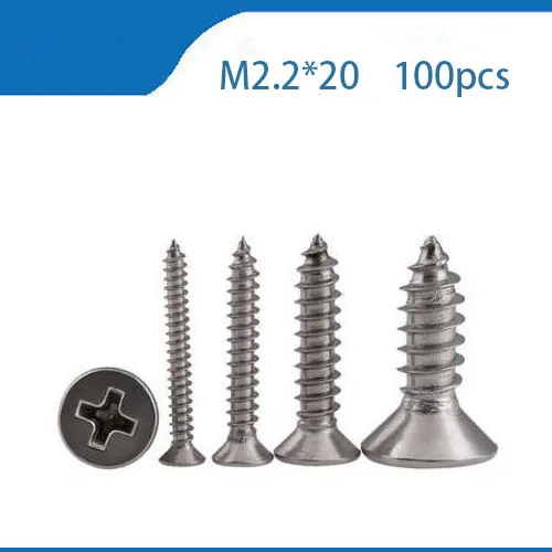 

Free ship 100pcs GB846 M2.2x20 mm 304 Stainless Steel flat head cross Countersunk head self tapping screw M2.2 bolts,nails