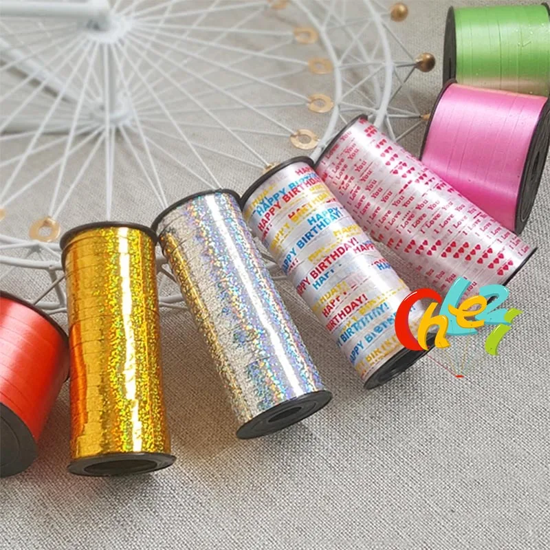 1pc 100 Yard Happy Birthday Crimped Curling Ribbon Roll Silver Balloon Ribbons for Party Festival Florist Crafts Gift Wrapping