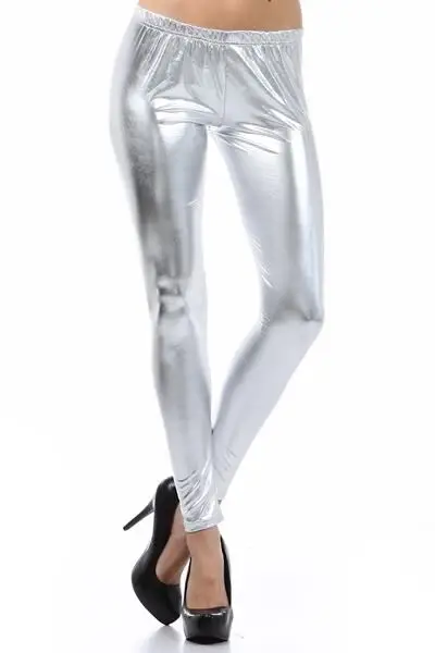 Plus Size Latex Metallic Leggings Candy color Faux Leather Legging Mid Waist Ankle Length Pants Women legging Black / Gold