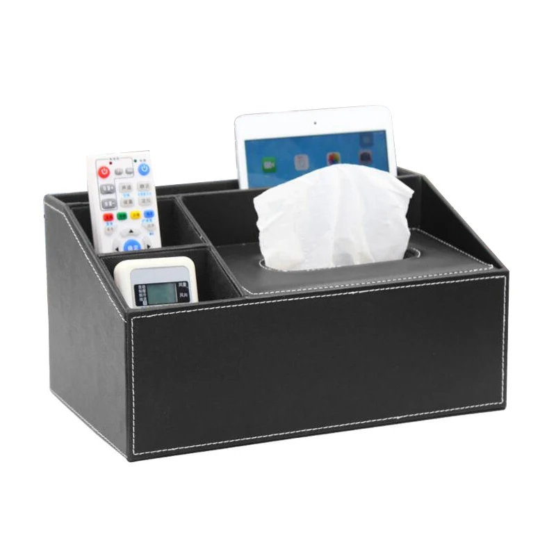 

5 Dividers Office Leather Square Pen Holder Pencils Stands Box Desk Stationery Organizer Office Brown Pen Pots Tissues Box
