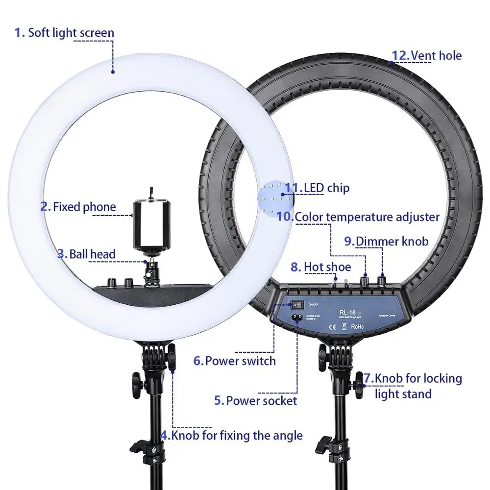 Fusitu-Anillo De Luz Led con trípode, iluminación fotográfica De 18 pulgadas, 55W, para cámara, teléfono, Youtube, Tiktok