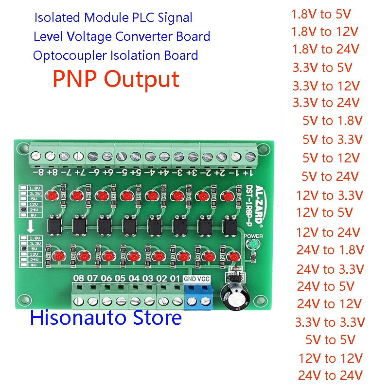 

8Channel Optocoupler Isolation Board Module PLC Signal Level Voltage Converter PNP Output Adapter Module24V to 5V 12V 3.3V1.8V