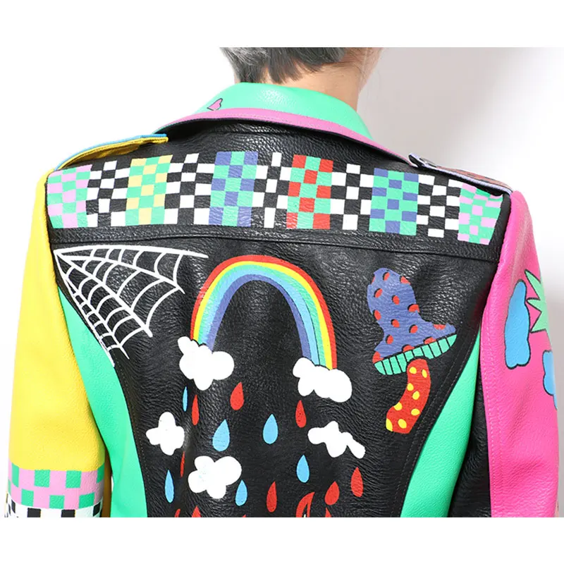 New Crazy style Graffiti Pattern PU Leather for Women Jacket With a Belt and Zippers Woman Motorcycle Short Leather Outwear