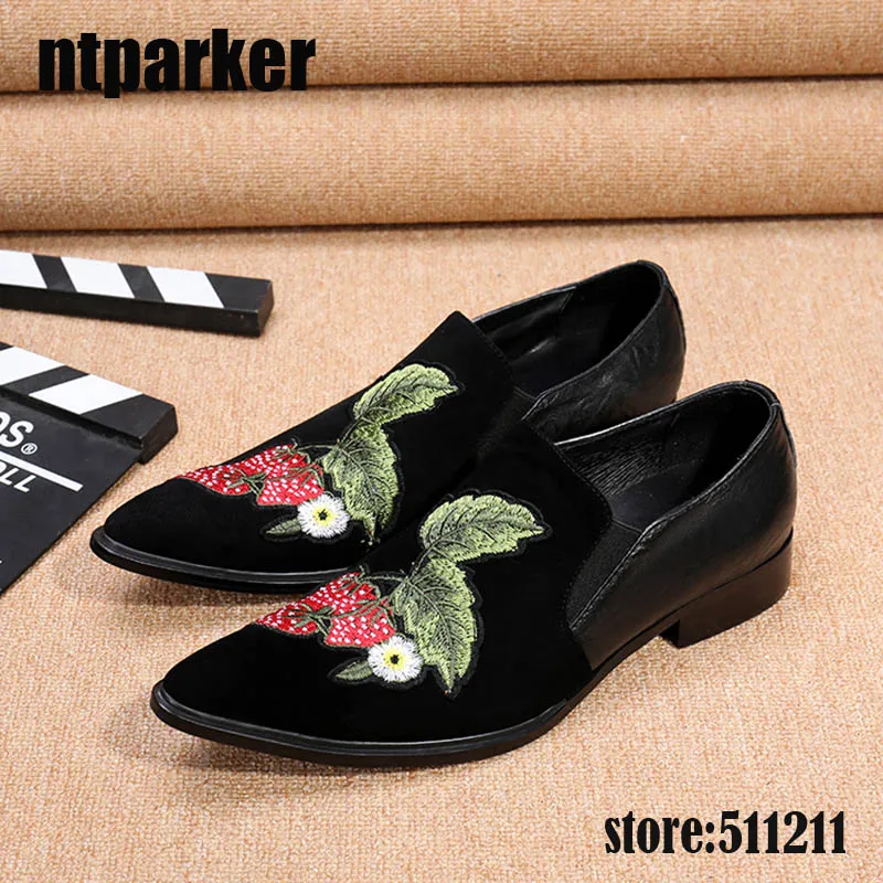 

ntparker- Fashion black Suede Men's Shoes Leather Dress Shoes Slip on Flowers Embroidery Shoes Men, Big Size EU38-46!