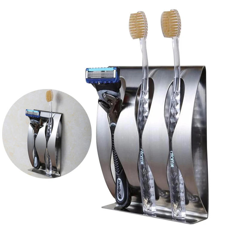 

High Quality 3PCS Self-adhesive Tooth Brush Organizer Box Stainless steel Wall Mount Toothbrush Holder No Drilling