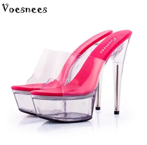 

Shoes Woman platform Sandals 2019 Transparent Crystal Heels 15cm Fluorescent color Fashion shows Sexy Big Yards Slipper 34-44