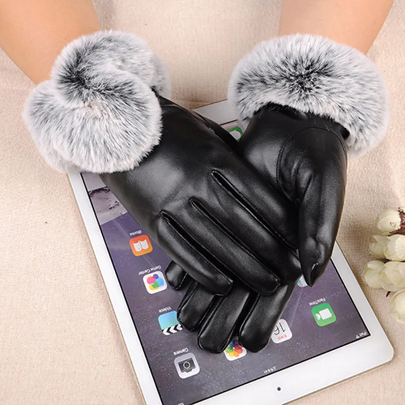 Winter Warm Touch Screen PU Leather Gloves Women Mittens Fashion Luxury Faux Fur Gants Female Leather Plush Luvas Skiing Thick