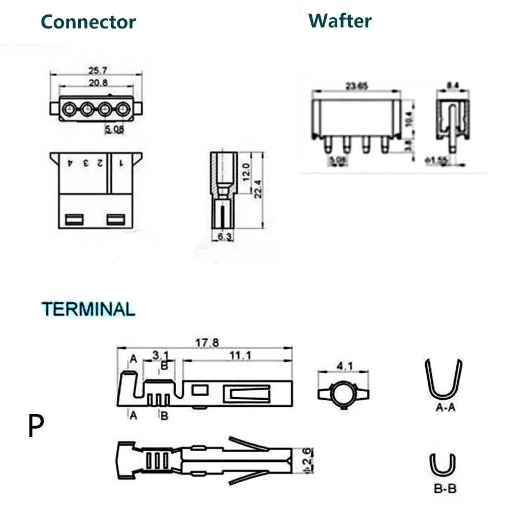 1SET 5.08mm 4 Pin White Transparent Nylon Female Connector+Straight pin welded plate+Terminal 8981 IDE Power Plug for 18-24AWG W