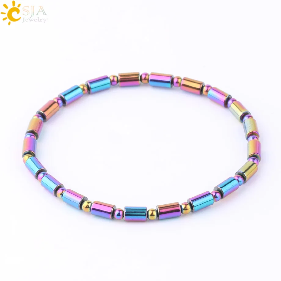 CSJA Fashion Hematite Bracelet Magnetic Elastic Weave Adjustable Bracelets Square Cylindrical Healthy Bangles for Men Women F623