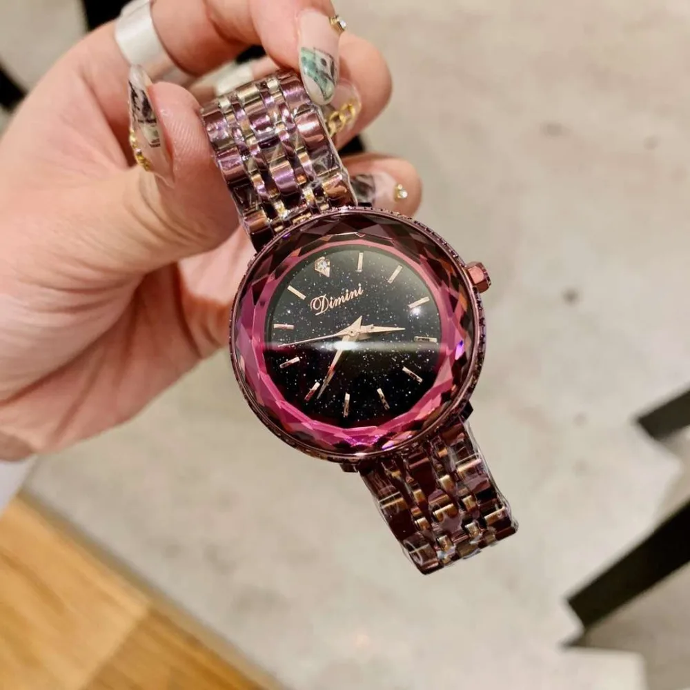 Brand Fashion Women Multi Faceted Glass Crystal Watches Anti Fading Noble Purple Bracelet Watch Waterproof Quartz Analog Montre