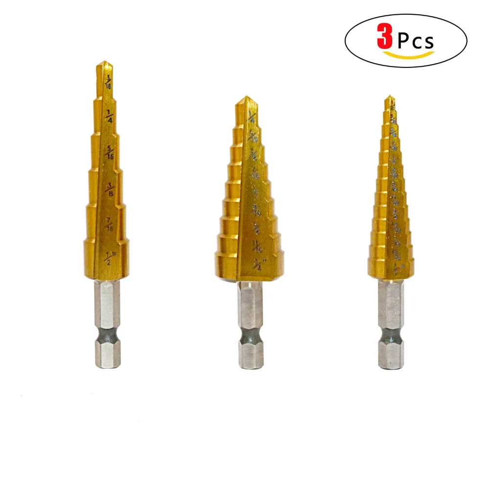 PHYHOO 3pcs Hss Step Cone Taper Drill Bits  Power Tools 1/4