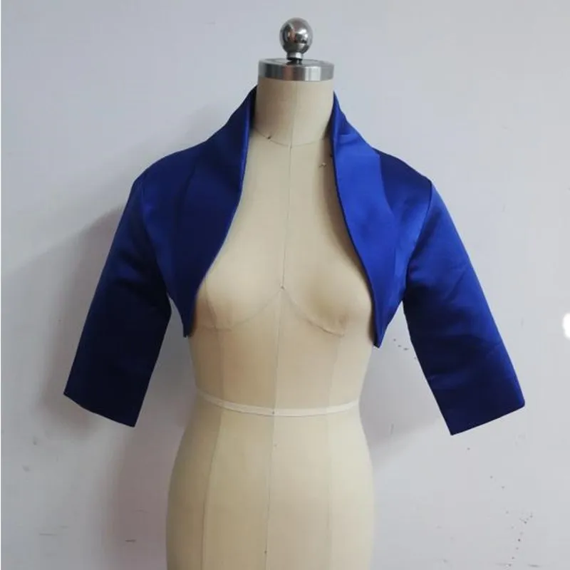 Ruthshen-Chaqueta de satén azul real para mujer, chaqueta de boda con mangas de tres cuartos, cuello único, Bolero/Bolero para novia