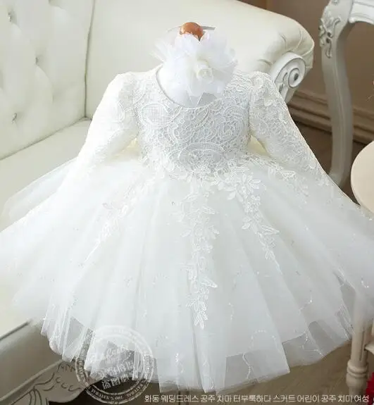 

High Quality Red/White baby girls long sleeve 1 year old birthday dress sequin baptism christening wedding dress for infant