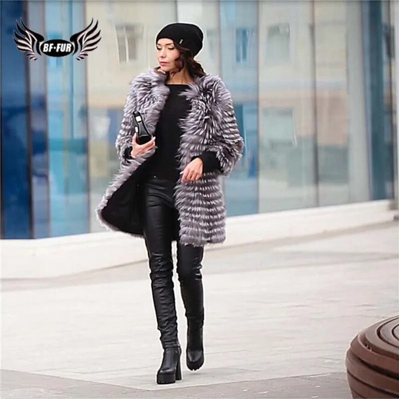 BFFUR Real Fur Coat Luxury Women Winter Fashion Style Natural Fur Vest Coat Female Silver Fox Fur Coat Russian Fur Coats Slim