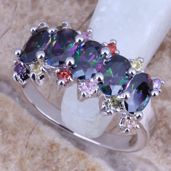 Glaring Rainbow Cubic Zirconia Multigem Silver Plated  Women's Ring Size 6 / 7 / 8 / 9 E810