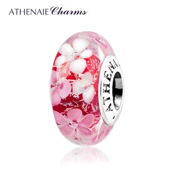 ATHENAIE Murano Glass 925 Silver Core Pink Flower Garden Bead Charms Fit Women Girl Charm Bracelet 3 Colors Pink Blue Purple