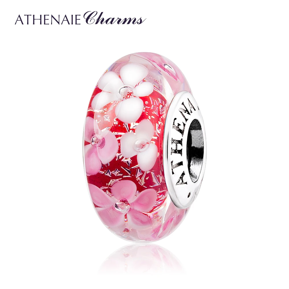 ATHENAIE Murano Glass 925 Silver Core Pink Flower Garden Bead Charms Fit Women Girl Charm Bracelet 3 Colors Pink Blue Purple