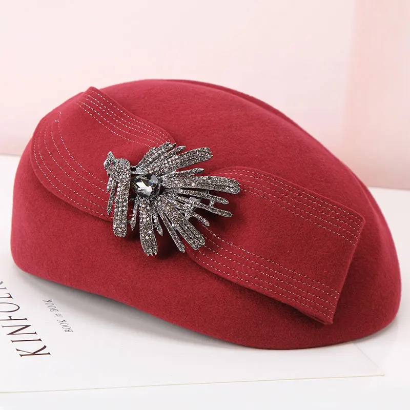 Pani Rhinestone zdobione kapelusze kapelusz moda damska wełna kapelusz dziewczyny jesień zima krótkie czapka z rondem czapka wełniana mały kapelusz B-8936