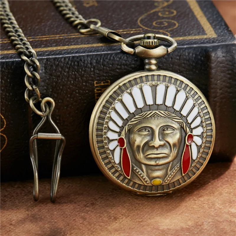 Retro Indian Character Avatar Quartz Pocket Watch FOB Chain Bronze Hand Wind Quartz Mens Womens Watches