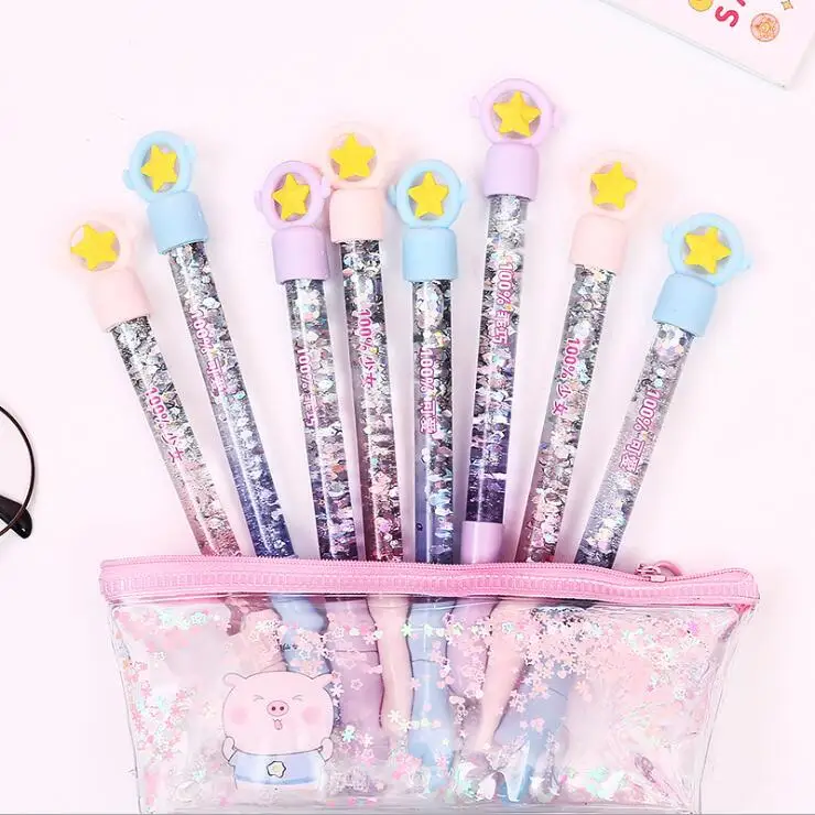 24pcs/lot Novelty Stars Shine Quicksands School Gel Ink Writing Pens Office Study Materials Kids Birthday Party Favor Stationery