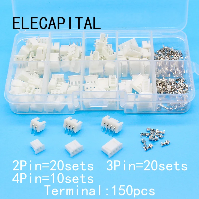 50 sets Kit in box 2p 3p 4pin Right angle 2.54mm Pitch Terminal / Housing / Pin Header Connector Wire Connectors Adaptor XH Kits