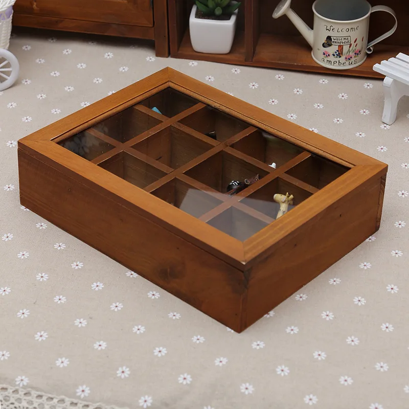 1PC Zakka desktop storage box wooden grocery retro bins with glass cover 12 lattice wooden jewelry box 26.8x20x7cm J0937