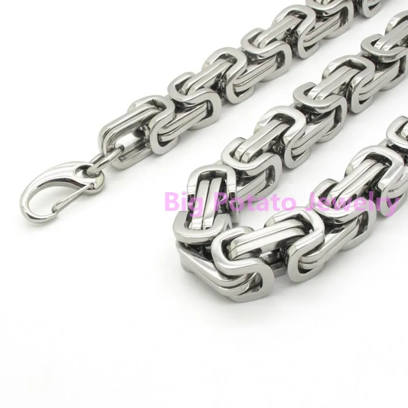 High Quality 12mm Width Strong Stainless Steel Silver Color Byzantine Box Chain Cool Men's Clasp Bracelet 7