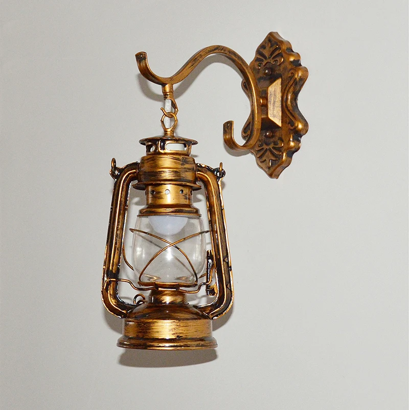 Brown Vintage retro Europe iron lantern Kerosene wall lamp E27 for hallway Bathroom bar Lights fixture sconce bedroom