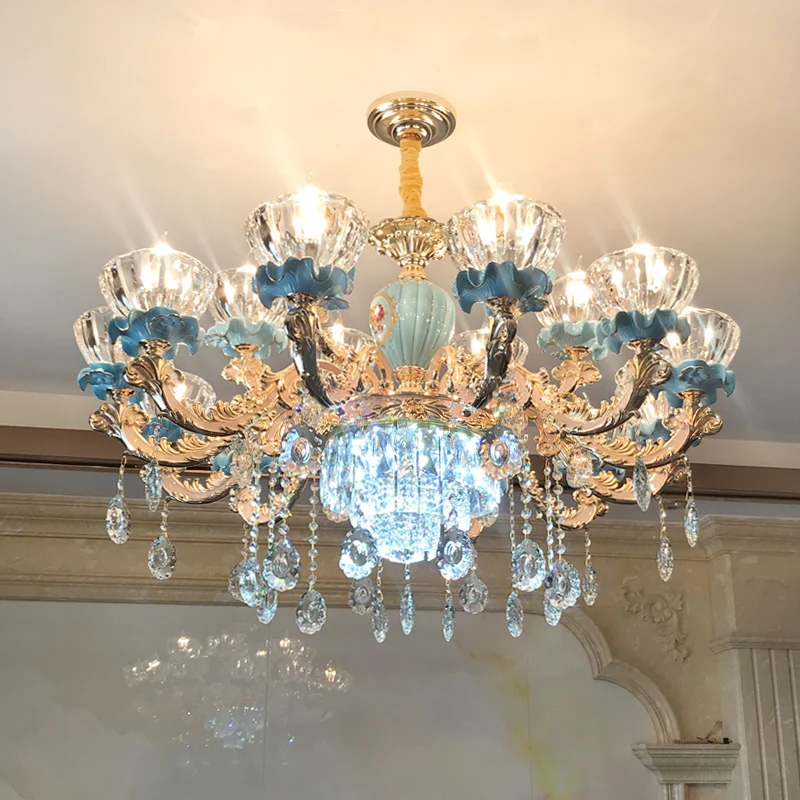 European style chandelier living room luxury atmosphere blue ceramic lamps villa hall restaurant French crystal chandelier