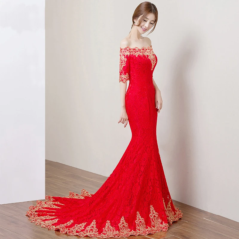 

Beauty Emily Chinese red Mermaid wedding Dresses With golden patterns four style available sexy bridal dress new wedding banquet