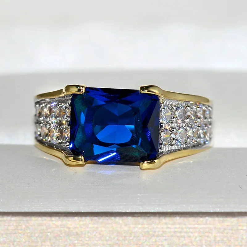 Vintage Gold Luxury Blue Crystal AAA Cubic Zirconia Rings For Men and Women Metal Plated silver wedding engagement party Ring