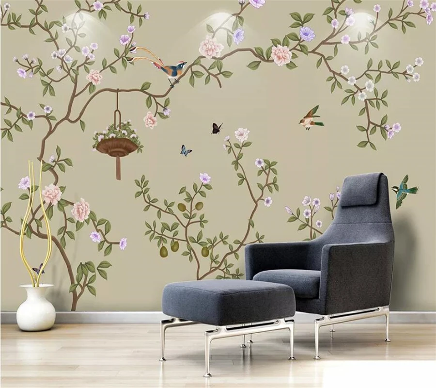 Custom wallpaper 3d photo mural new Chinese hand-painted flowers and birds TV bedroom wall hand-painted plum mural 3D wallpaper