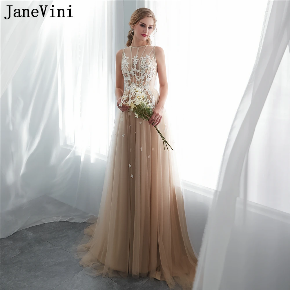 JaneVini White Lace Appliques Champagne Tulle Bridesmaid Dresses Women Long A Line Maid of Honor Gowns Vestidos Largos Elegantes