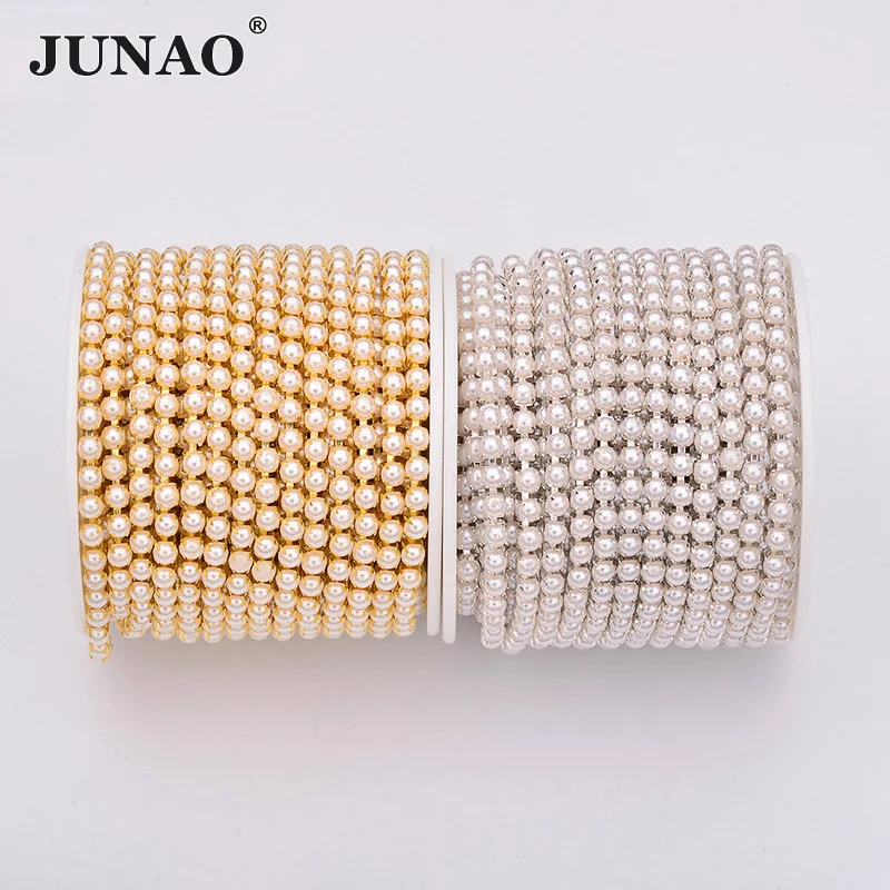 JUNAO ss6 ss12 ss16 화이트 진주 체인 라인 석 트림 신부 진주 목걸이 장식 웨딩 드레스에 대한 아크릴 Strass Applique