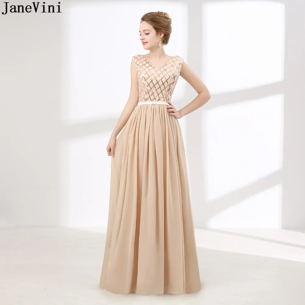 JaneVini Eenvoudige Champagne Plus Size Lange Bruidsmeisjekleding V-hals Pailletten Backless EEN Lijn Chiffon Prom Partij Jassen Floor Lengte