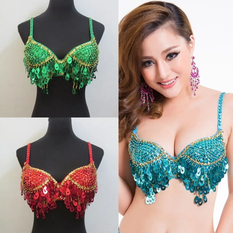 Sujetador de danza del vientre para mujer, ropa Sexy de danza del vientre, Top de lentejuelas hecho a mano, 10 colores
